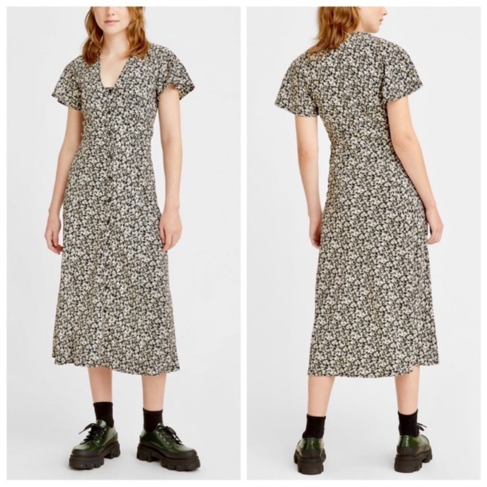 Levi’s Ditsy Daisy Print Button Down Front V-neck Midi Dress Cottagecore size XS